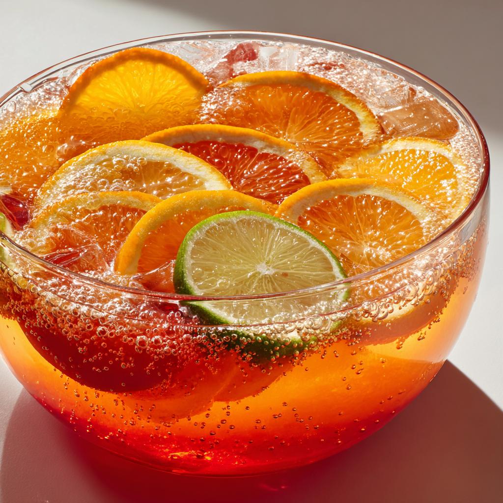 A close-up of a clear glass punch bowl filled with vibrant orange halloween punch, garnished with slices of oranges and limes, and ice.