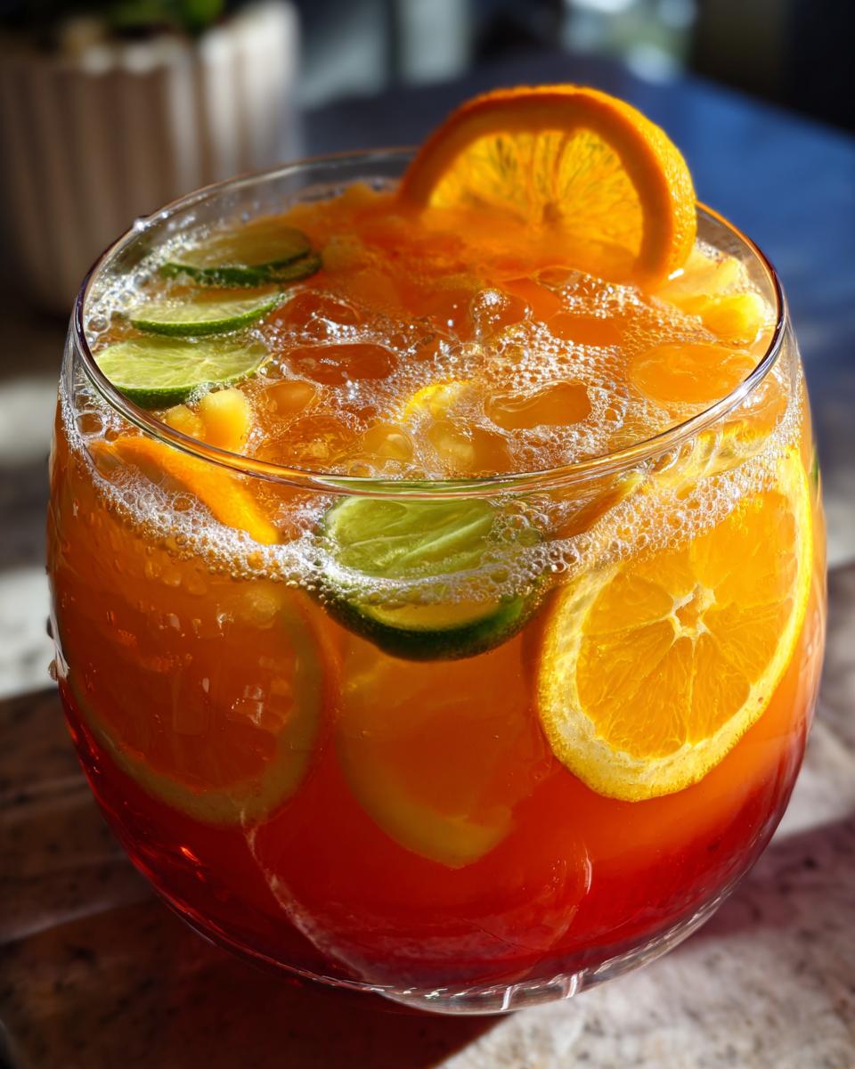 A close-up of a clear glass bowl filled with vibrant orange halloween punch, garnished with slices of oranges and limes.