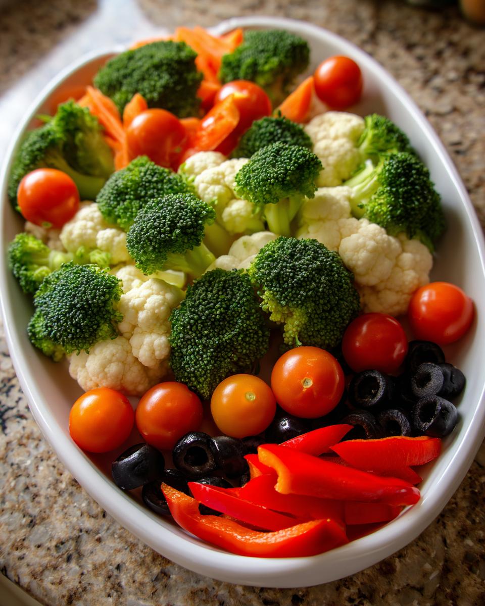A vibrant platter of fresh vegetables, including broccoli, cauliflower, cherry tomatoes, olives, and red bell peppers, perfect for Halloween veggie tray ideas.