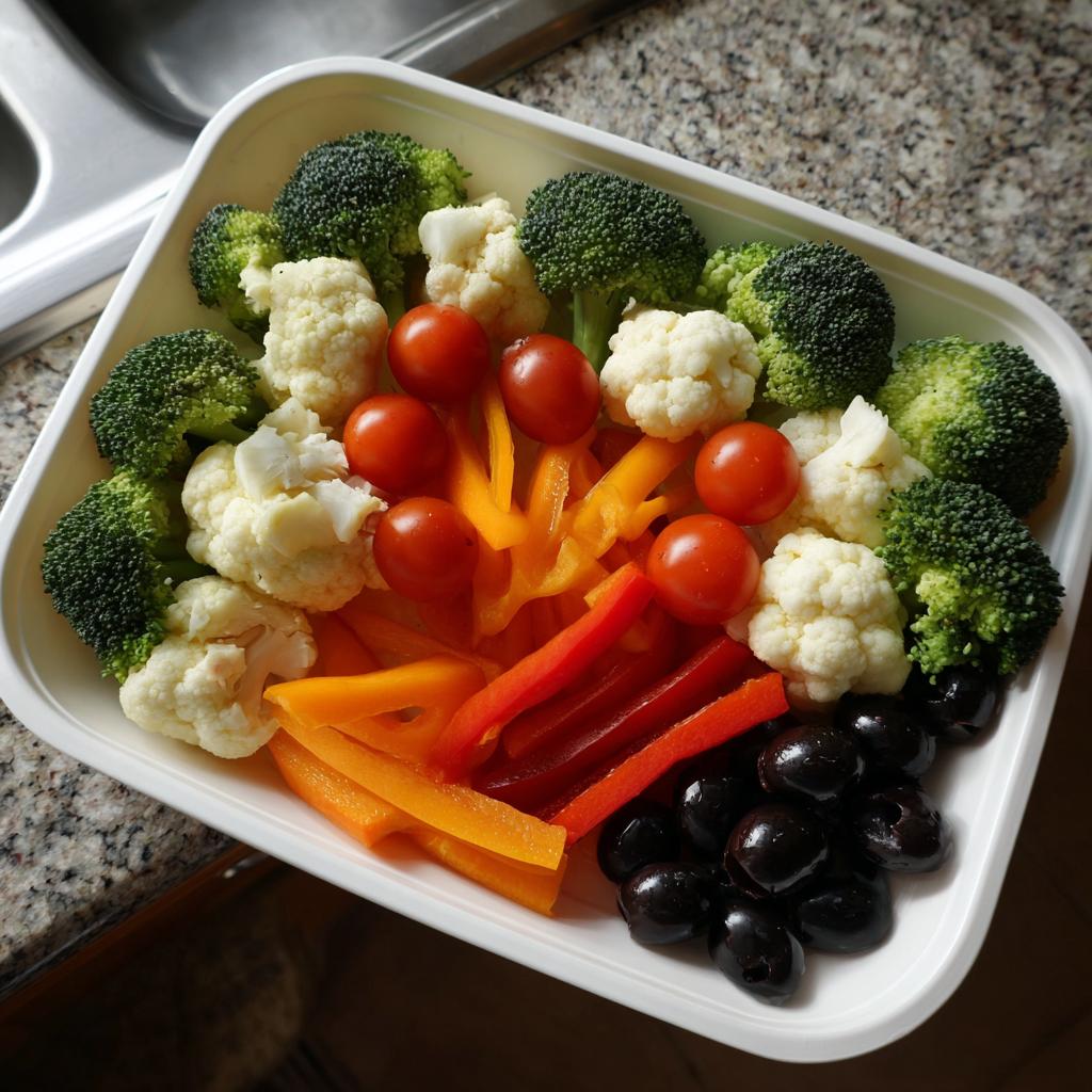 A white platter filled with colorful vegetables, including broccoli, cauliflower, cherry tomatoes, bell peppers, and olives, perfect for Halloween veggie tray ideas.