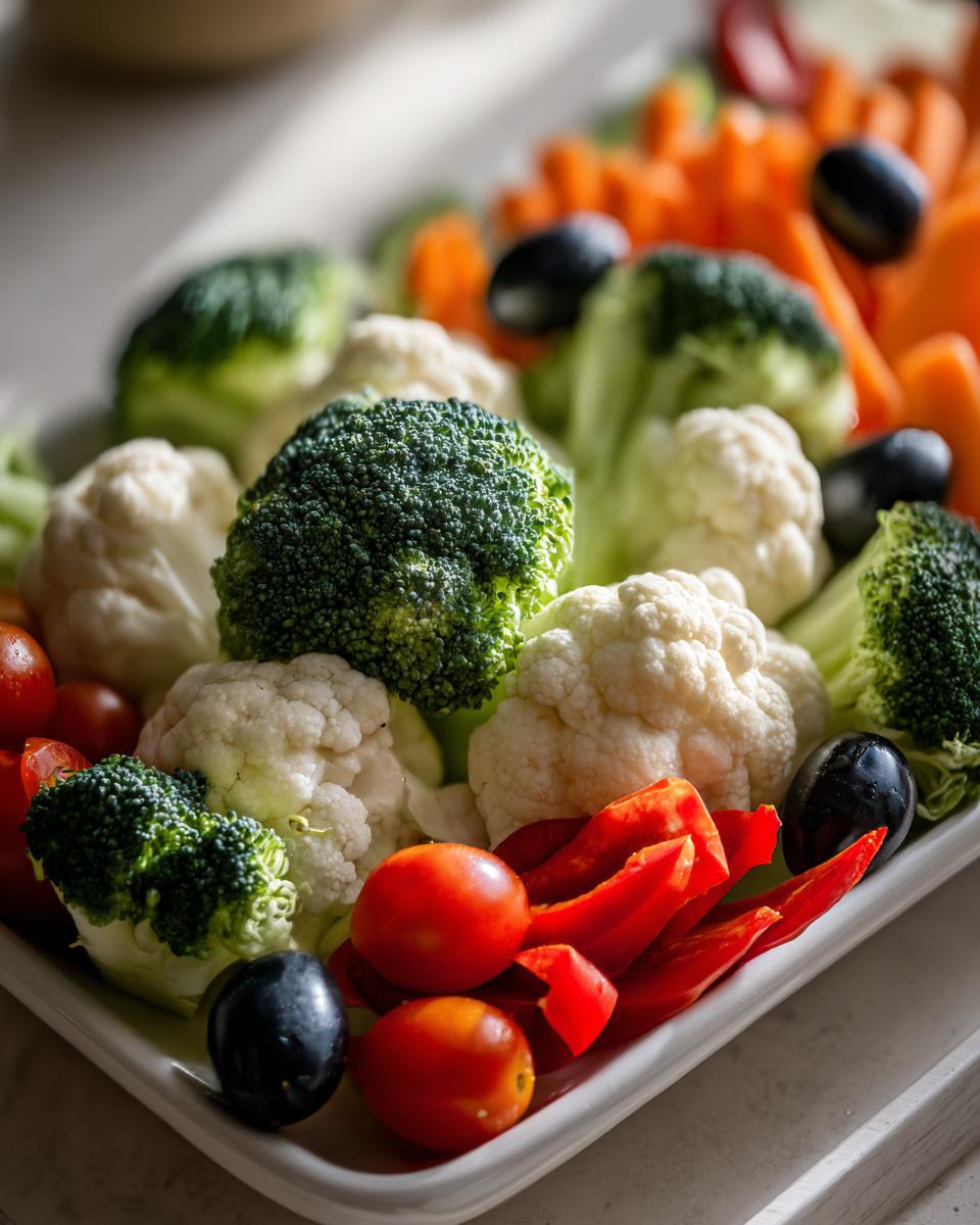 A vibrant platter of fresh vegetables, including broccoli, cauliflower, tomatoes, olives, and carrots, perfect for Halloween veggie tray ideas.