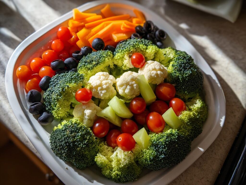 A vibrant Halloween veggie tray featuring broccoli, cauliflower, cherry tomatoes, orange bell peppers, olives, and cucumber sticks.