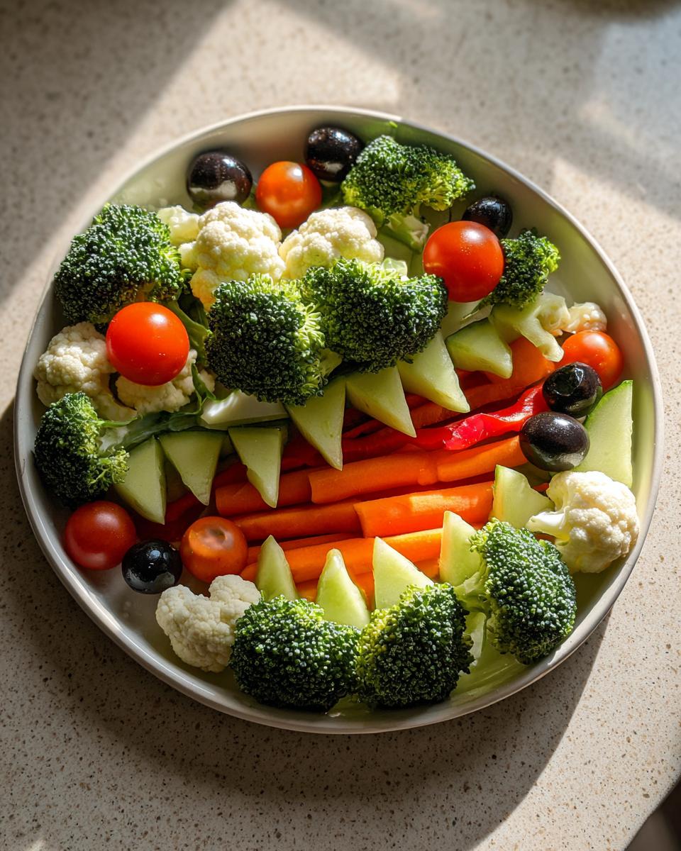 A spooky Halloween veggie tray with broccoli, cauliflower, carrots, cucumbers, cherry tomatoes, and olives arranged like a monster face.