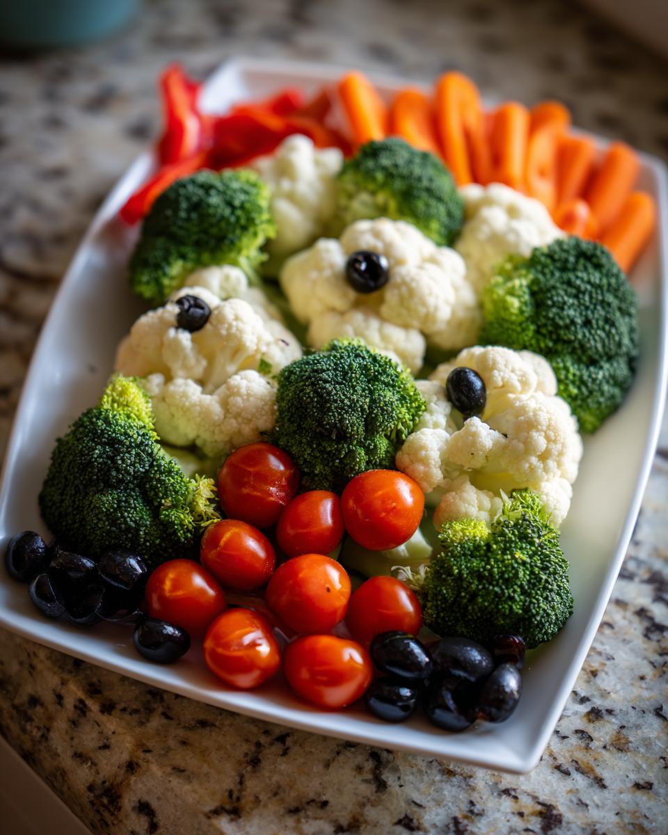 A fun Halloween veggie tray with broccoli and cauliflower florets arranged to look like monsters, with olive eyes and cherry tomato mouths.