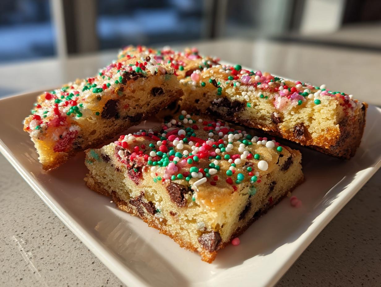 Close-up of festive holiday treats topped with colorful sprinkles and chocolate chips on a white plate.