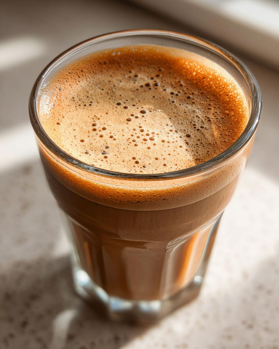Close-up of a glass filled with creamy, frothy homemade Baileys Irish Cream.