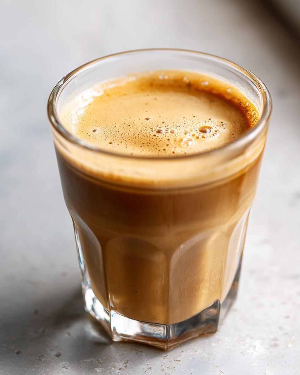 A close-up of a glass filled with creamy, frothy homemade Baileys Irish Cream.