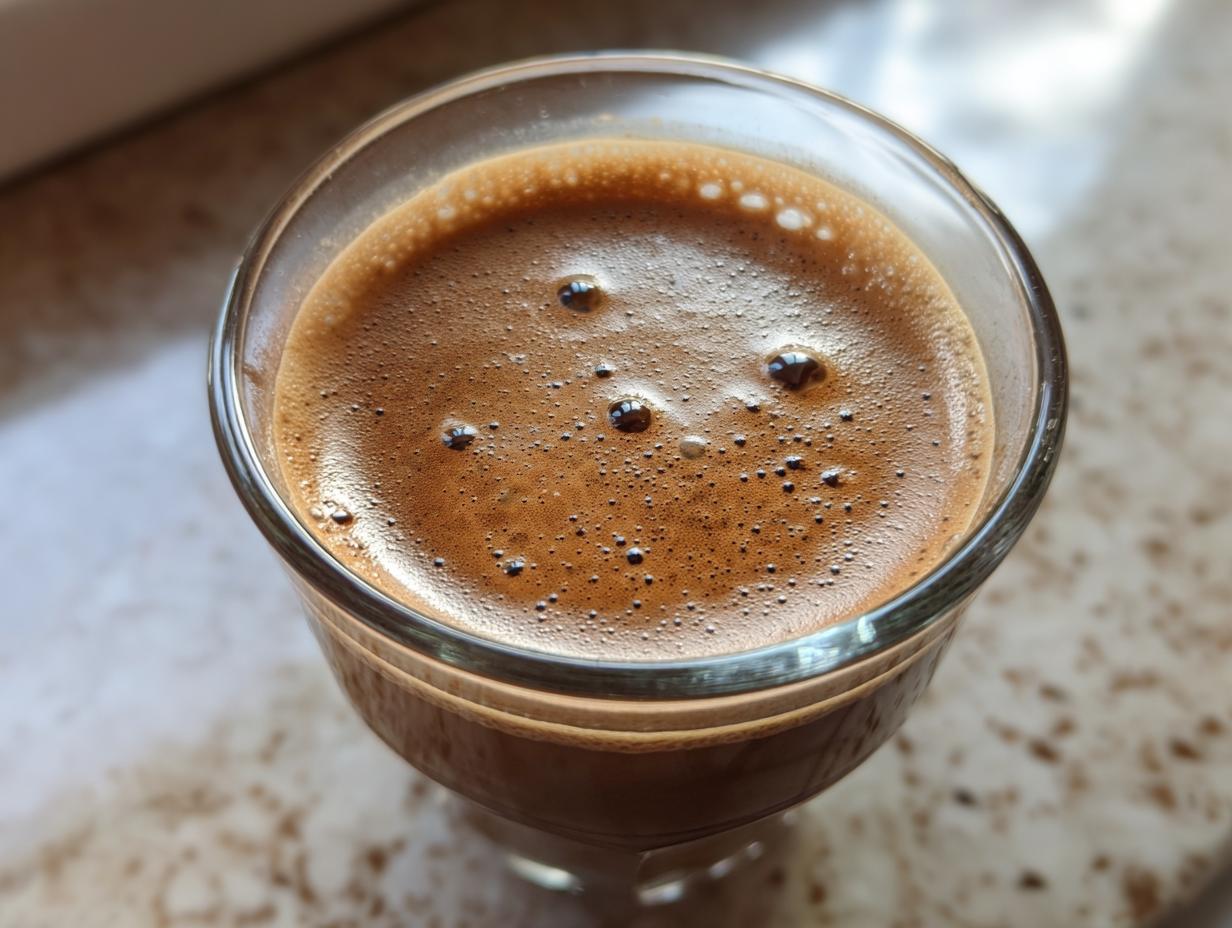 Close-up of a glass filled with rich, frothy homemade Baileys Irish Cream.