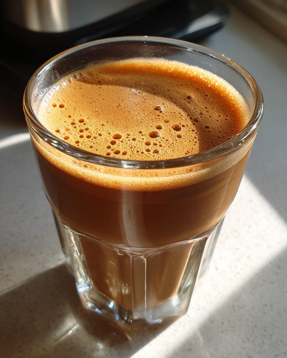A close-up of a glass filled with rich, creamy homemade Baileys Irish Cream, topped with a frothy layer.