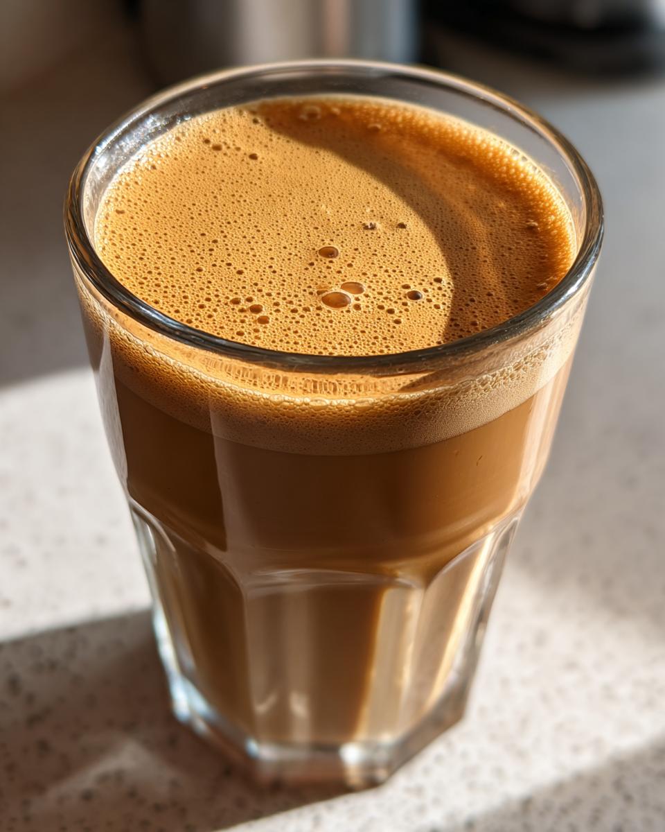 A close-up of a glass filled with creamy homemade Baileys Irish Cream, topped with a frothy layer.