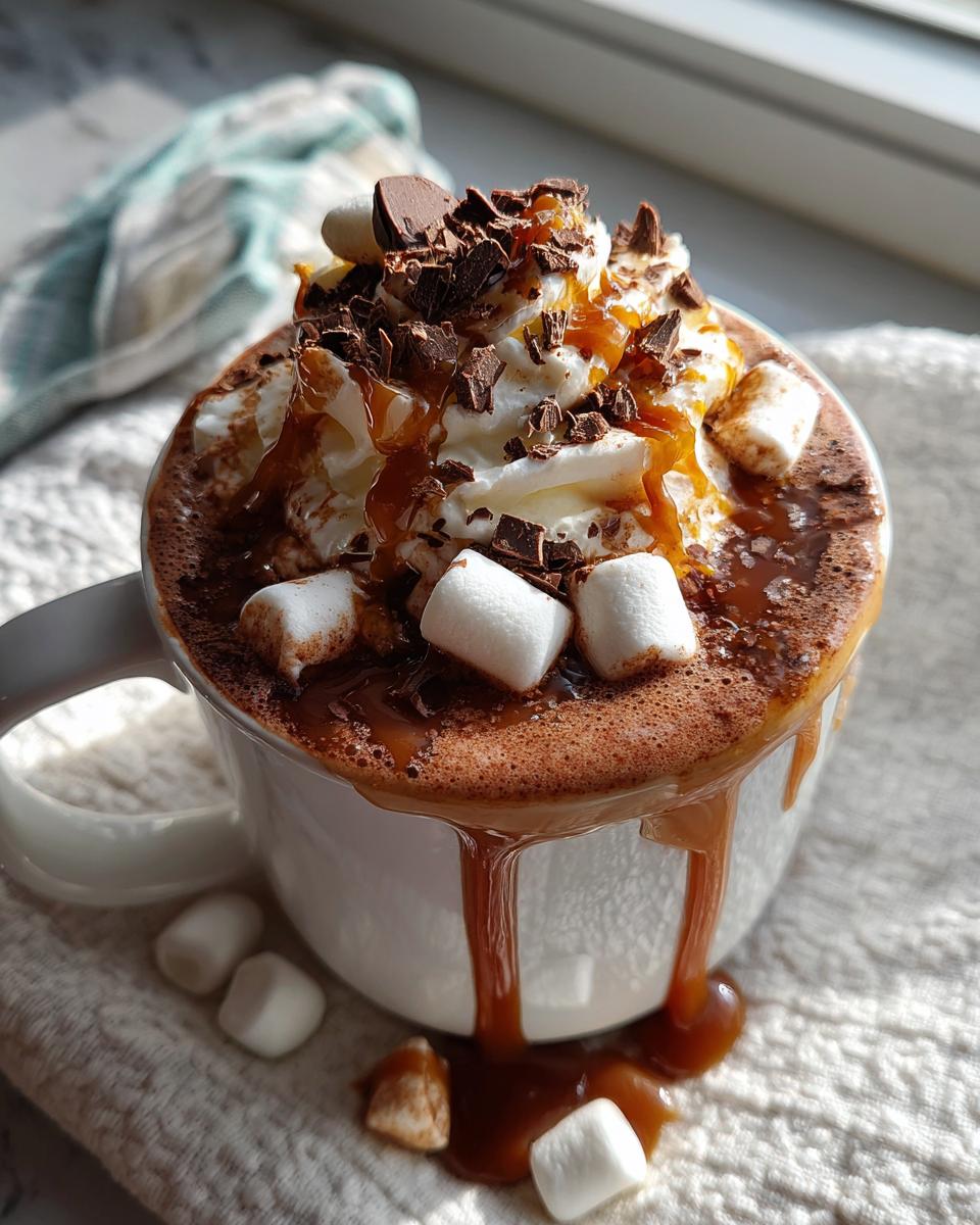 A rich mug of hot cocoa topped with whipped cream, chocolate shavings, caramel drizzle, and marshmallows, perfect for hot cocoa bar ideas.