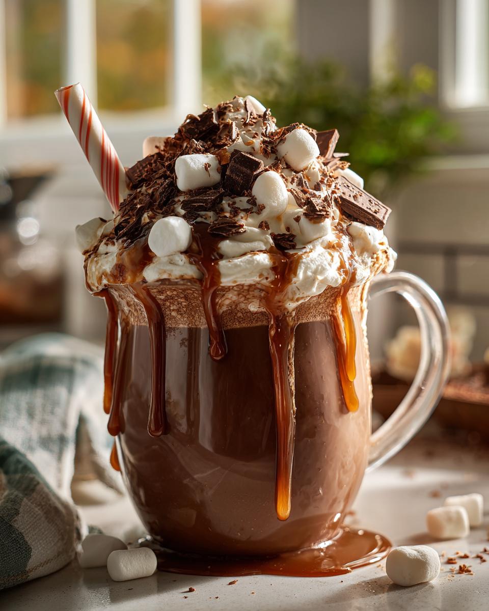 A rich, decadent mug of hot cocoa, overflowing with whipped cream, marshmallows, chocolate shavings, and a caramel drizzle, perfect for hot cocoa bar ideas.