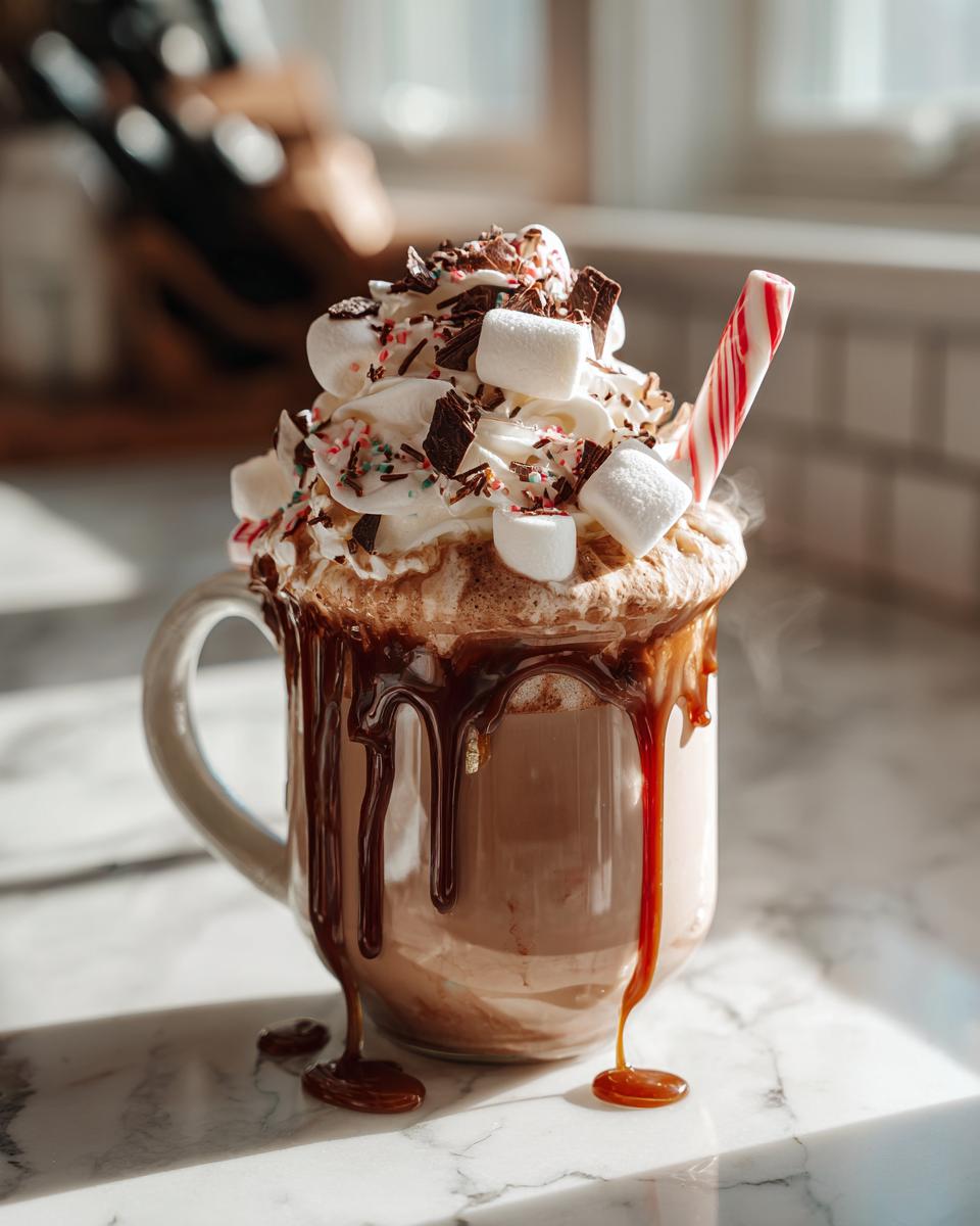A steaming mug filled with hot cocoa, topped with whipped cream, marshmallows, chocolate shavings, sprinkles, and a candy cane.