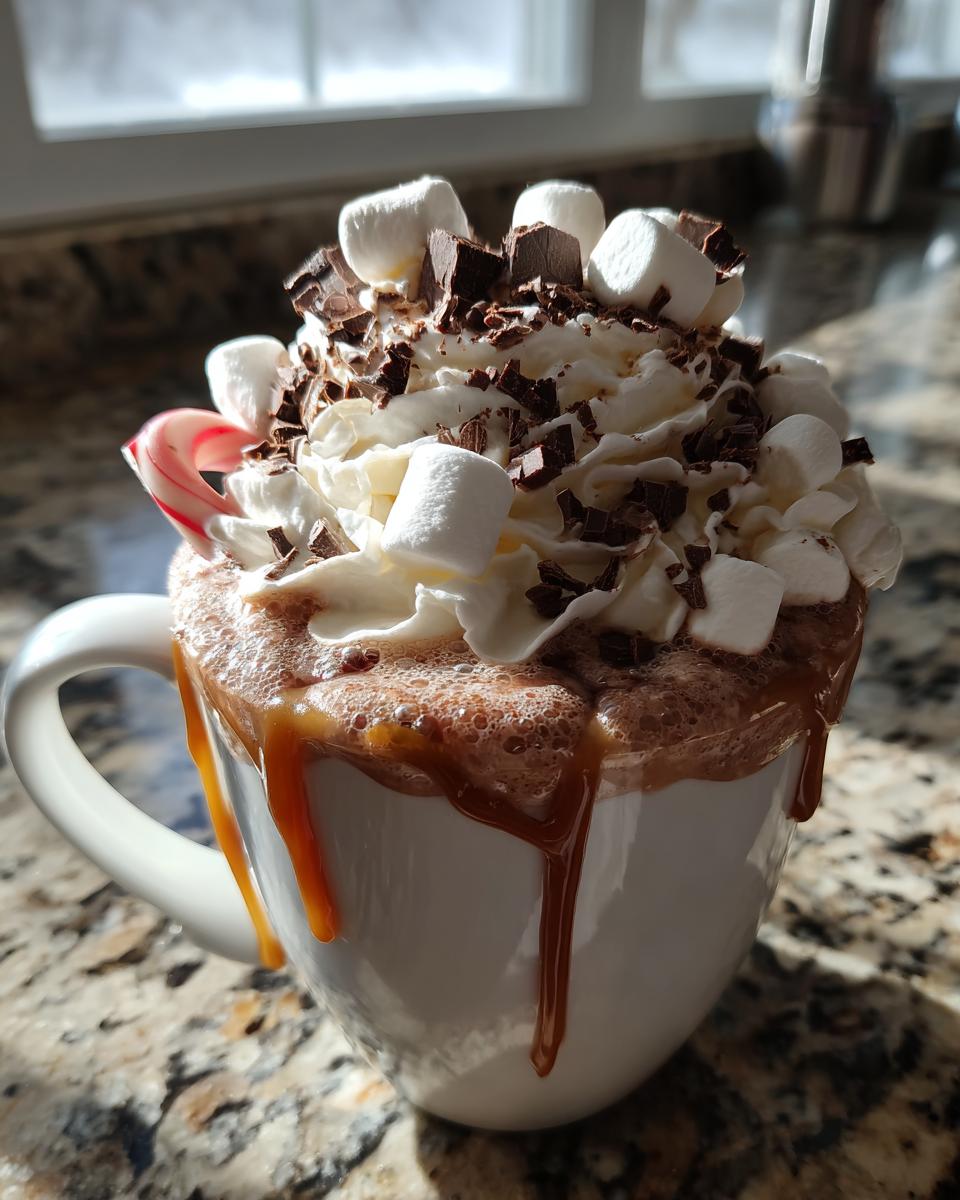 A rich mug of hot cocoa topped with whipped cream, marshmallows, chocolate shavings, and a candy cane, showcasing hot cocoa bar ideas.