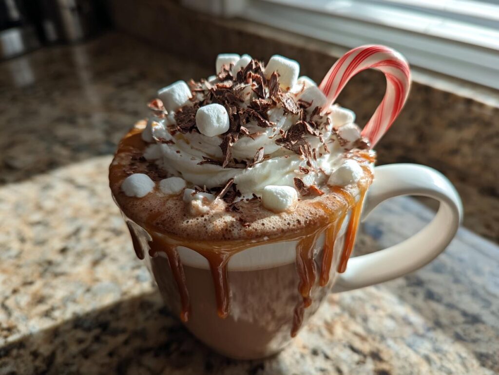 A mug filled with rich hot cocoa, topped with whipped cream, marshmallows, chocolate shavings, and a candy cane.