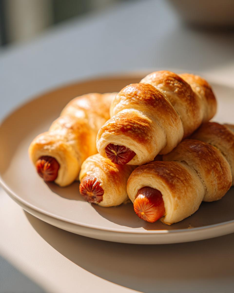 A close-up of golden-brown hot dog mummies, wrapped in pastry, piled on a light-colored plate.