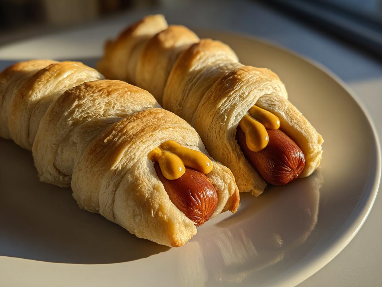 Two golden-brown hot dog mummies wrapped in pastry dough, with mustard peeking out, on a white plate.