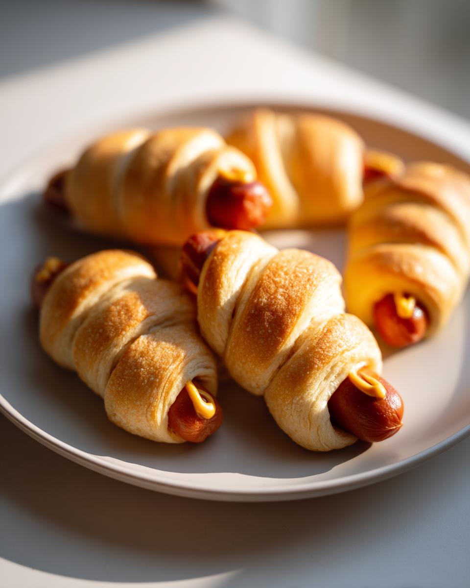 Close-up of golden-brown hot dog mummies wrapped in pastry on a light-colored plate, with a hint of mustard.