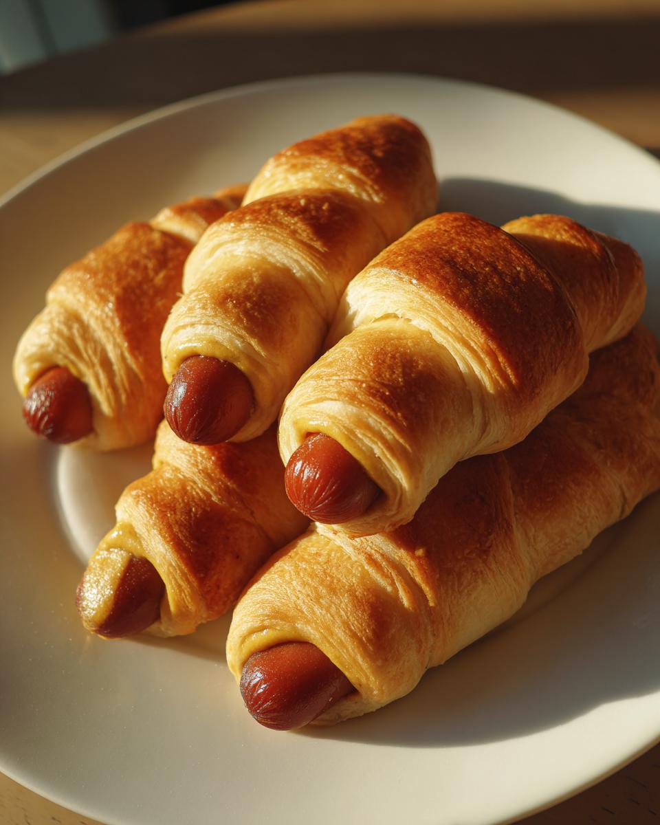 A plate of golden-brown hot dog mummies, wrapped in pastry, ready to be eaten.