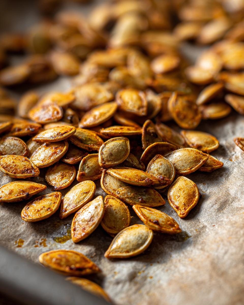 Close-up of a pile of golden brown, perfectly roasted pumpkin seeds on parchment paper.