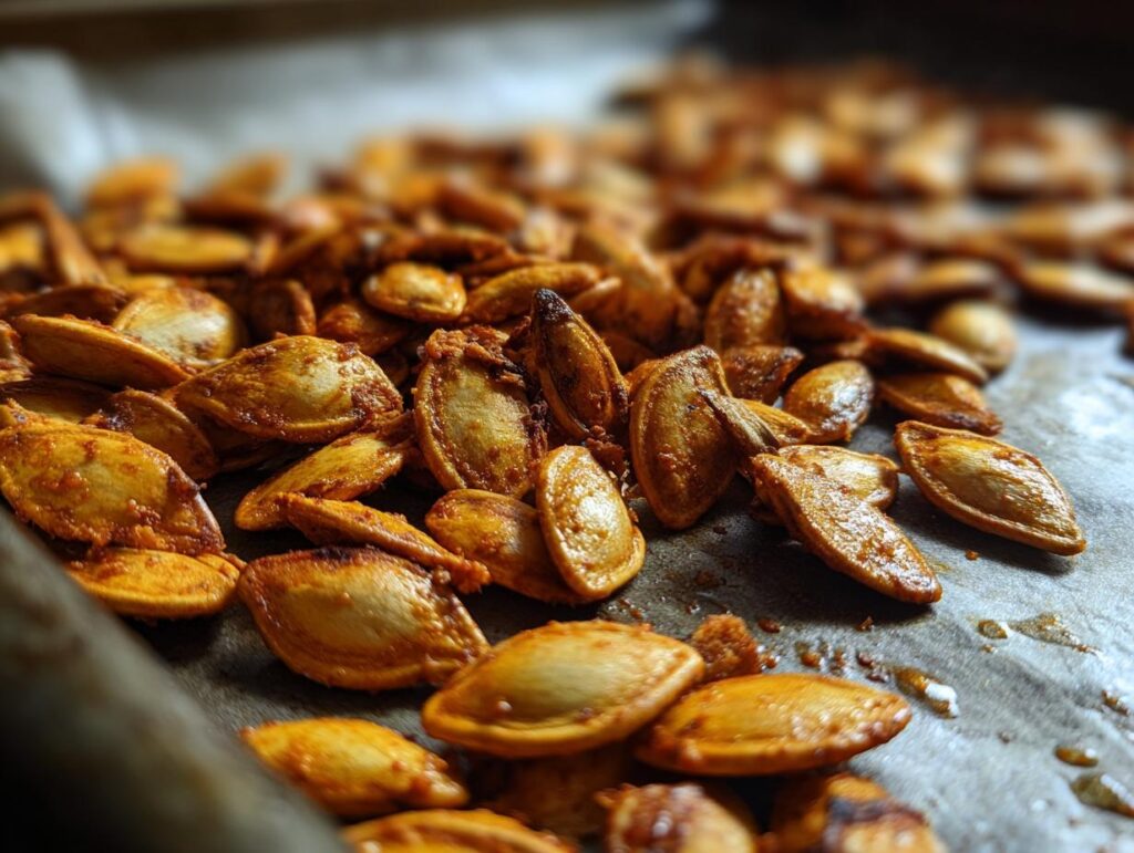 A close-up, shallow depth of field shot of perfectly roasted pumpkin seeds seasoned and spread on a baking sheet.
