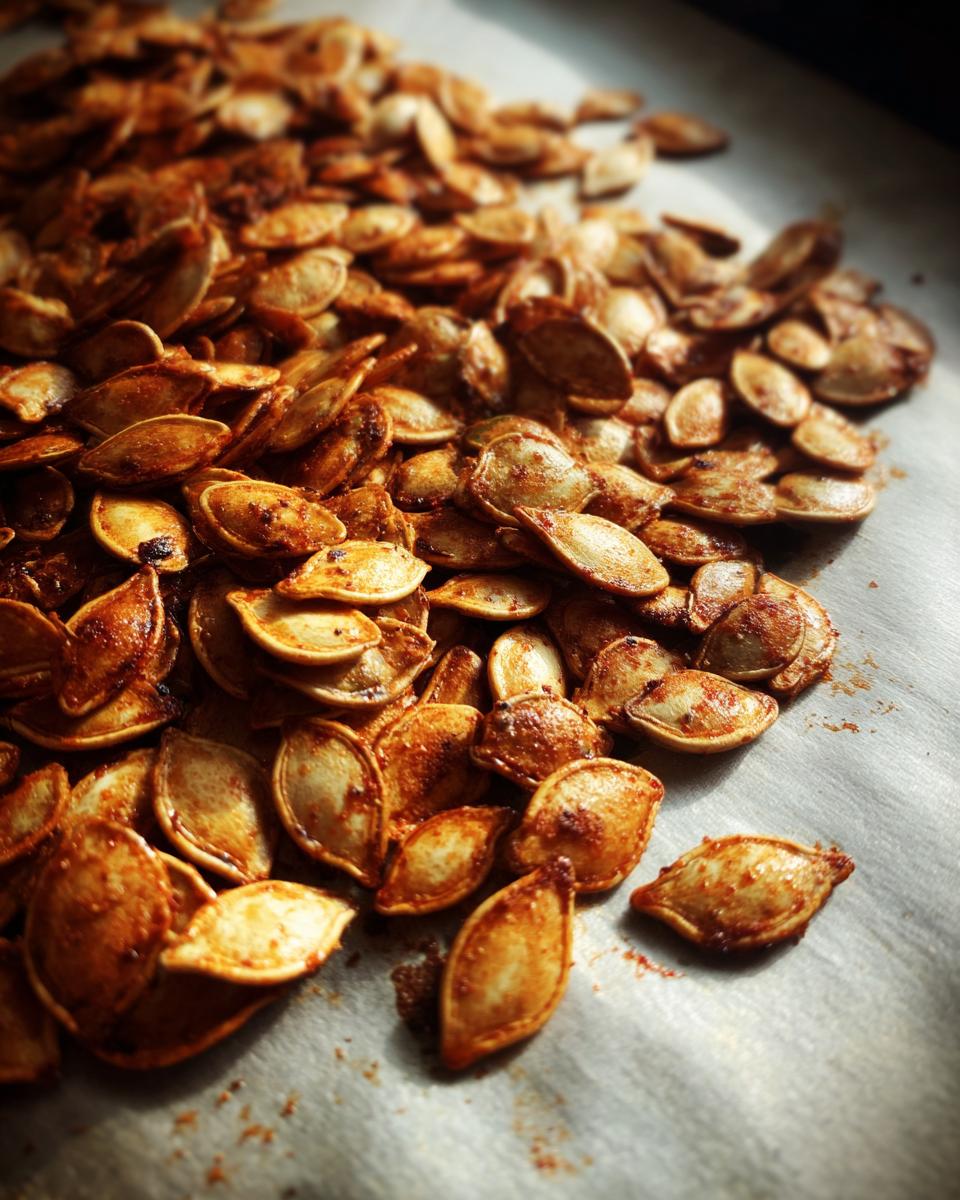 A pile of perfectly roasted pumpkin seeds seasoned with spices, ready to eat.