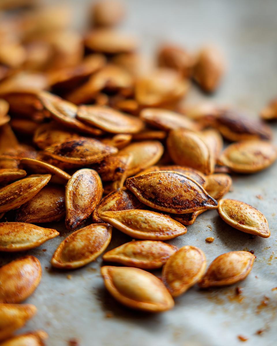 A close-up, macro shot of perfectly roasted pumpkin seeds, seasoned and golden brown, scattered on parchment paper.