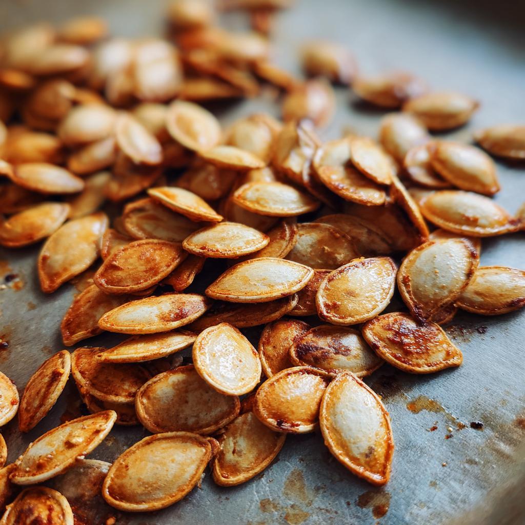 A close-up of perfectly roasted pumpkin seeds, golden brown and slightly oily, ready to eat.