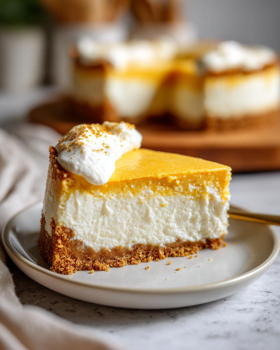 A slice of make-ahead pumpkin cheesecake with a graham cracker crust, topped with whipped cream and a sprinkle of spice.