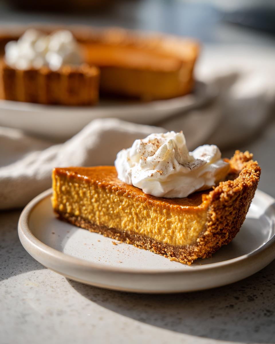 A slice of make-ahead pumpkin pie, topped with whipped cream and a sprinkle of cinnamon, on a plate.