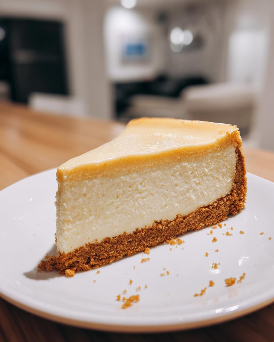 A slice of classic cheesecake with a graham cracker crust, perfect for Make-Ahead Thanksgiving Desserts.