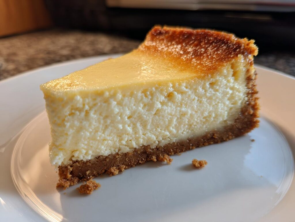 A slice of creamy cheesecake with a graham cracker crust, perfect for make-ahead Thanksgiving desserts.