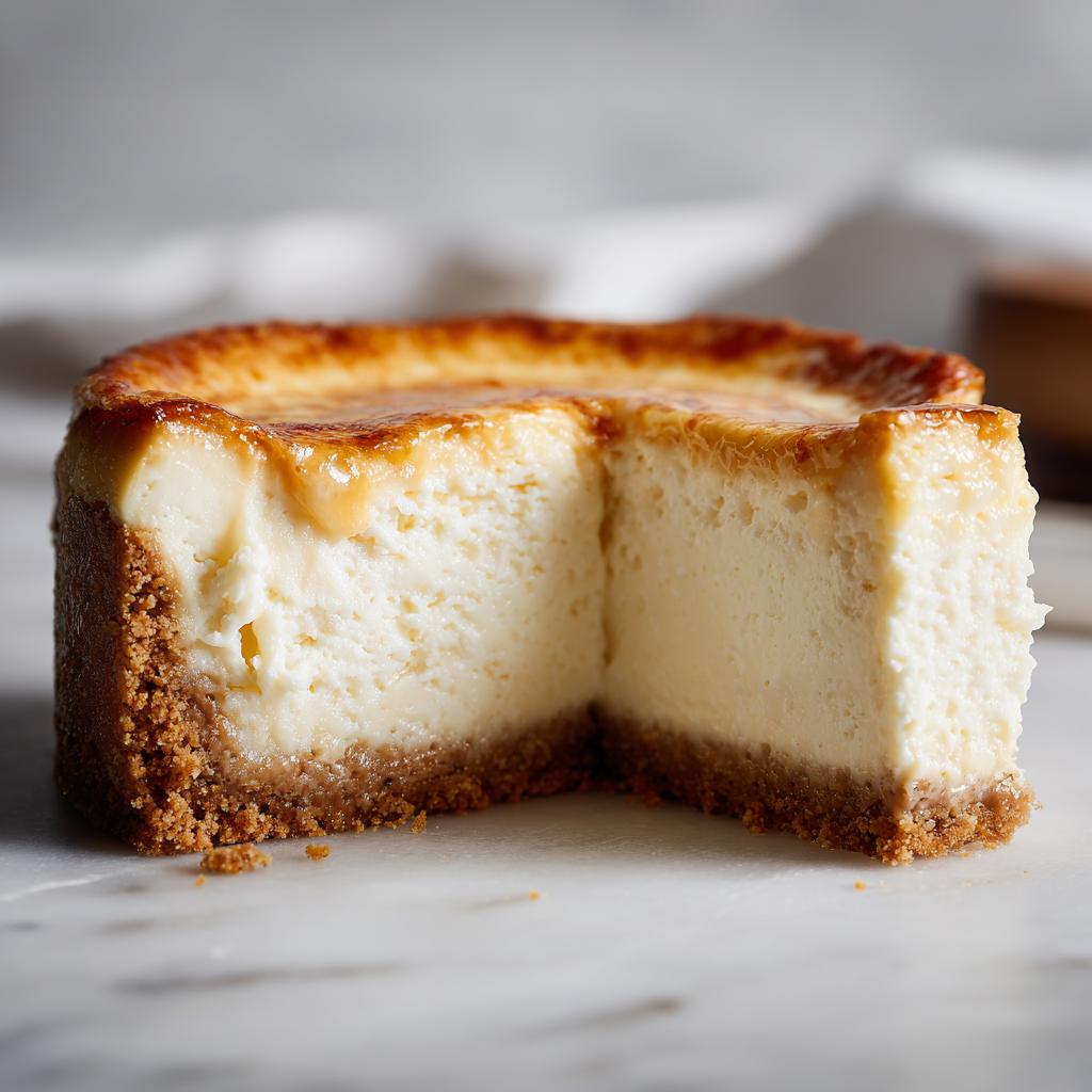 A slice of creamy cheesecake with a graham cracker crust, perfect for make-ahead Thanksgiving desserts.