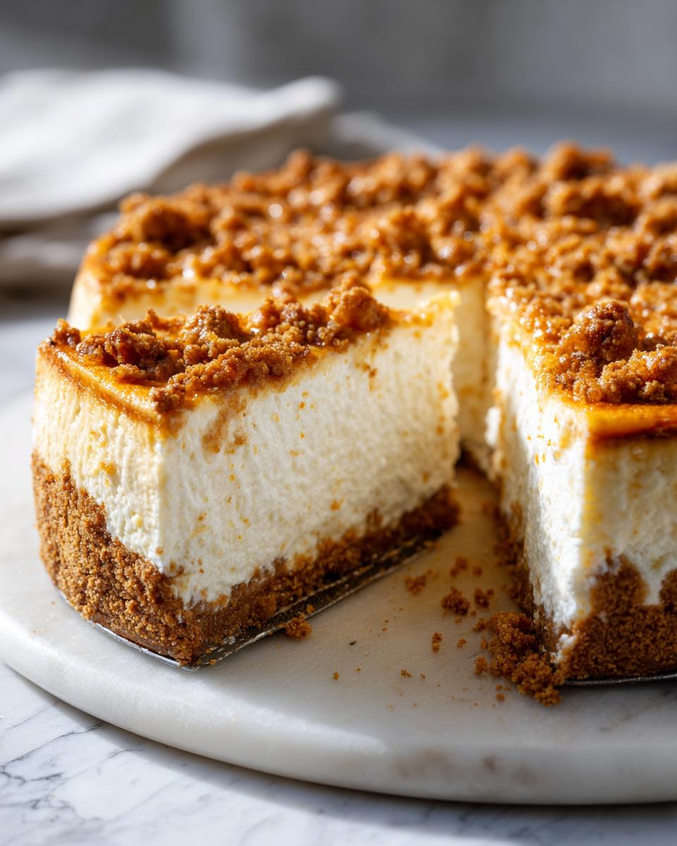 A slice of creamy cheesecake with a graham cracker crust and crumb topping, perfect for make-ahead Thanksgiving desserts.