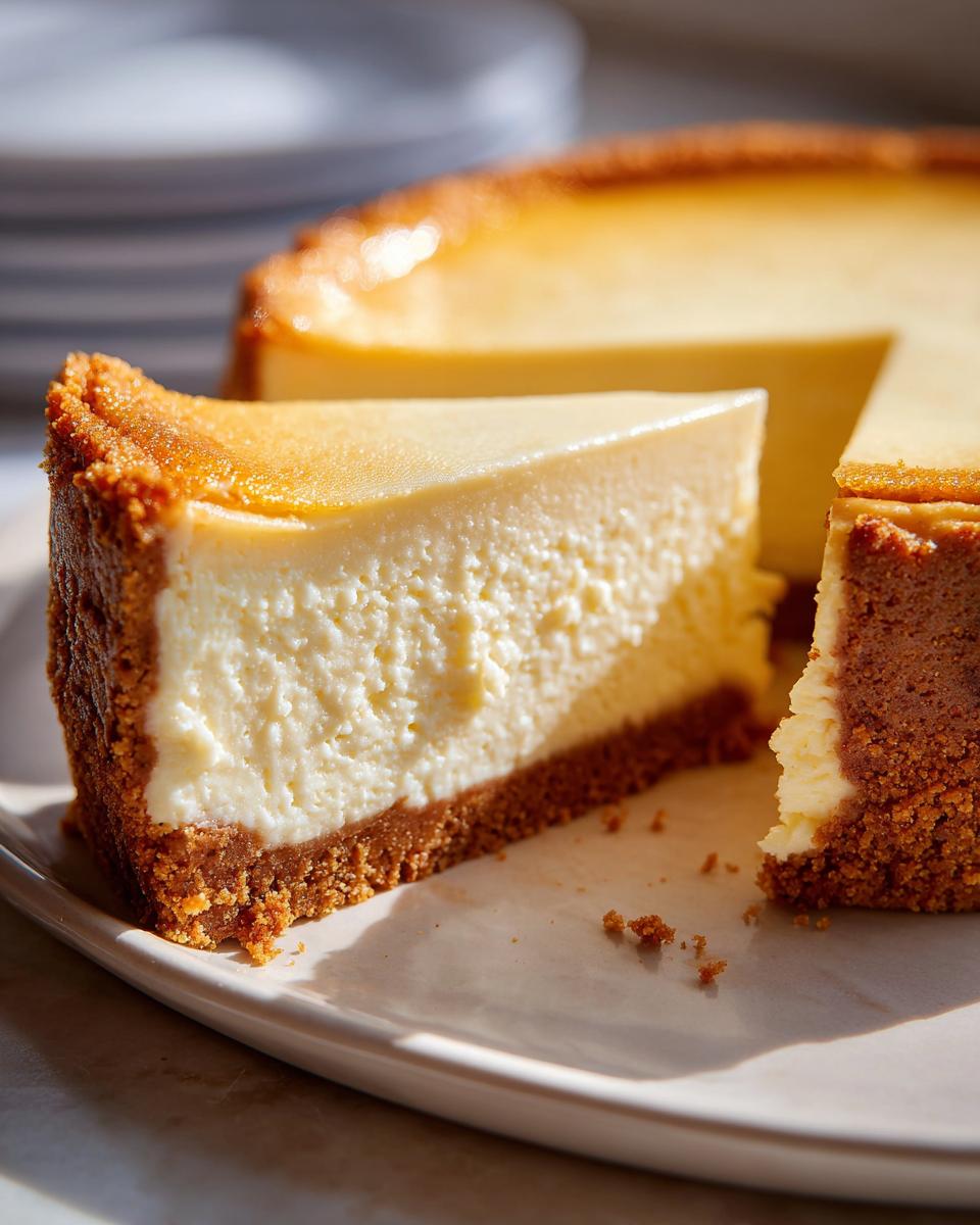 A slice of creamy cheesecake with a graham cracker crust, perfect for Make-Ahead Thanksgiving Desserts.