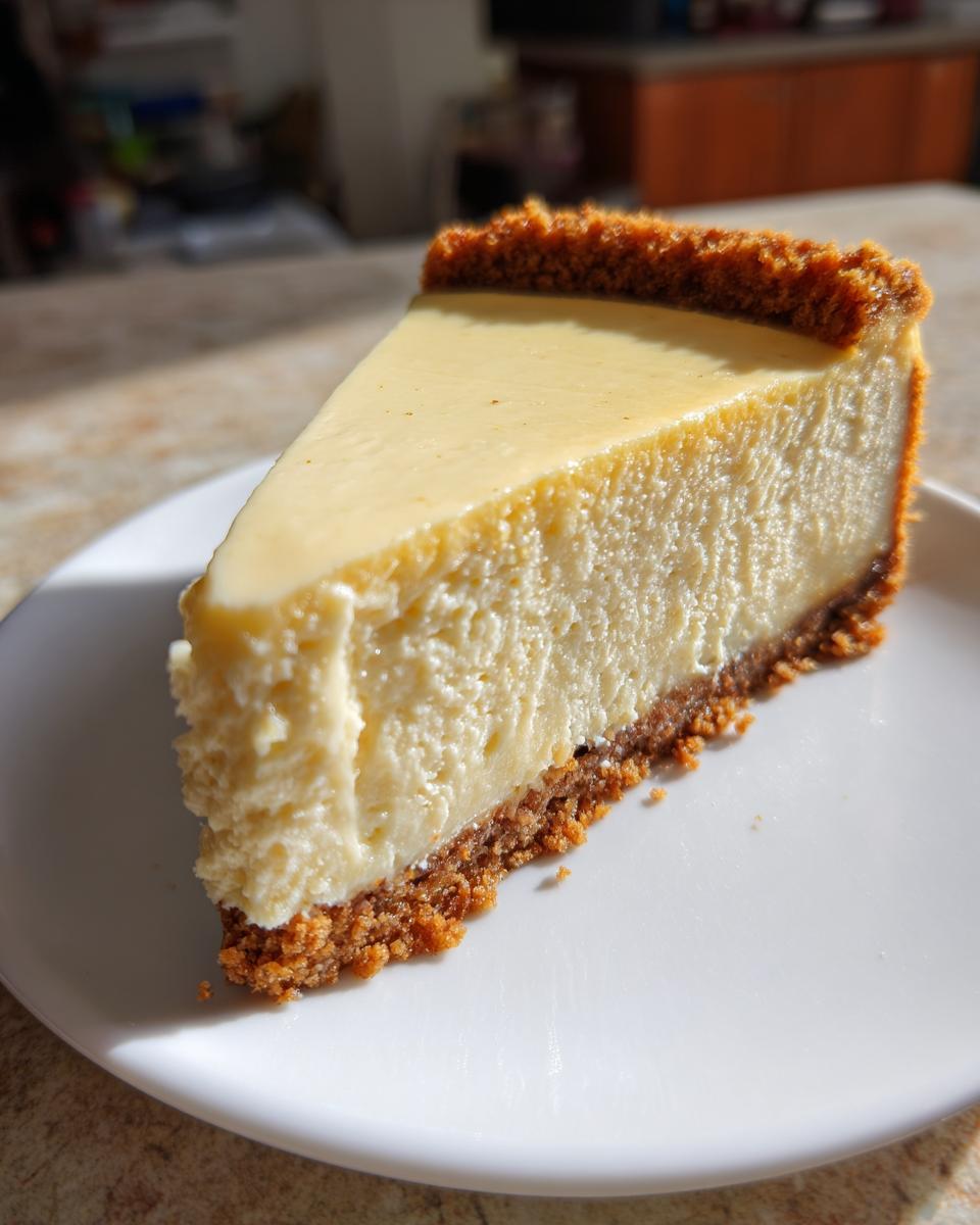 A slice of creamy cheesecake with a graham cracker crust, perfect for Make-Ahead Thanksgiving Desserts.