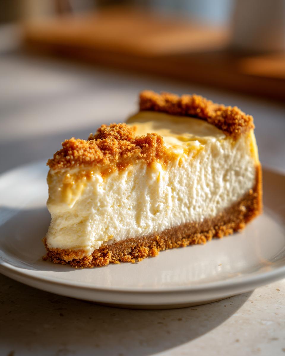 A slice of creamy cheesecake with a graham cracker crust, perfect for make-ahead Thanksgiving desserts.
