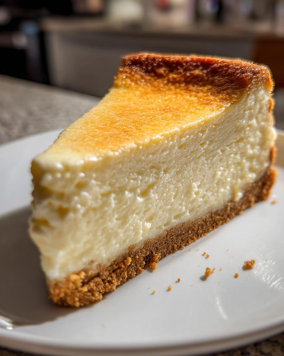 A delicious slice of classic cheesecake, a perfect make-ahead Thanksgiving dessert, on a white plate.