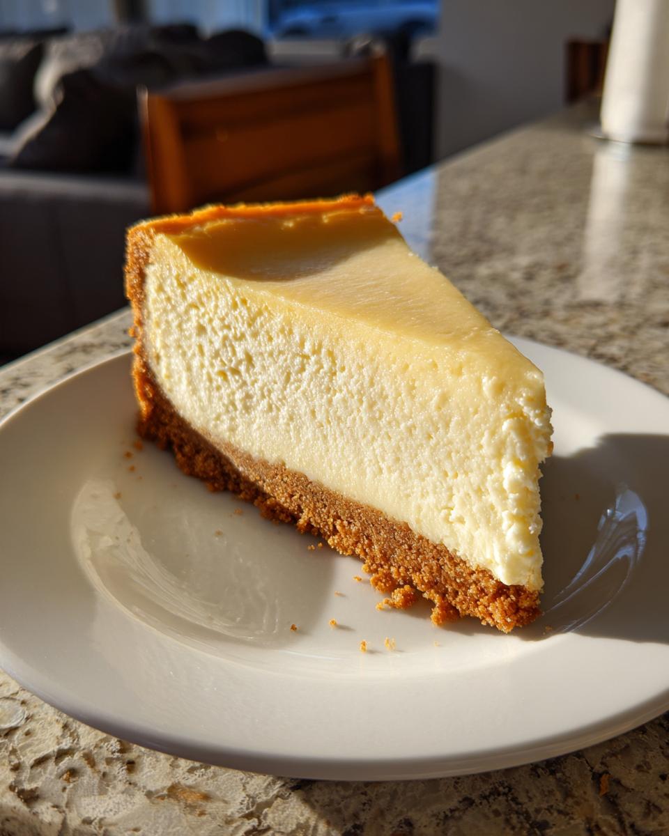 A perfect slice of creamy cheesecake with a graham cracker crust, ideal for make-ahead Thanksgiving desserts.