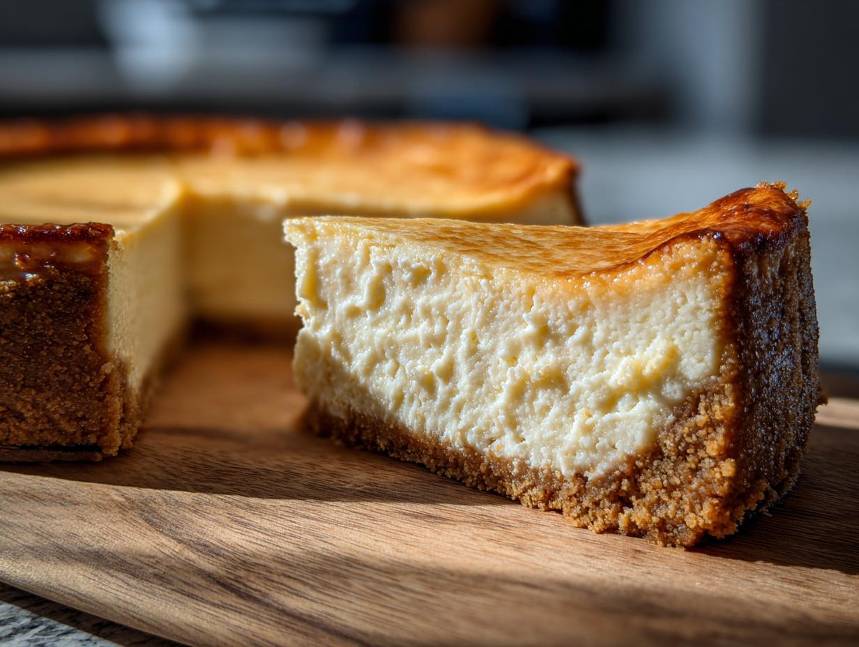 A slice of creamy cheesecake with a graham cracker crust, perfect for make-ahead Thanksgiving desserts.