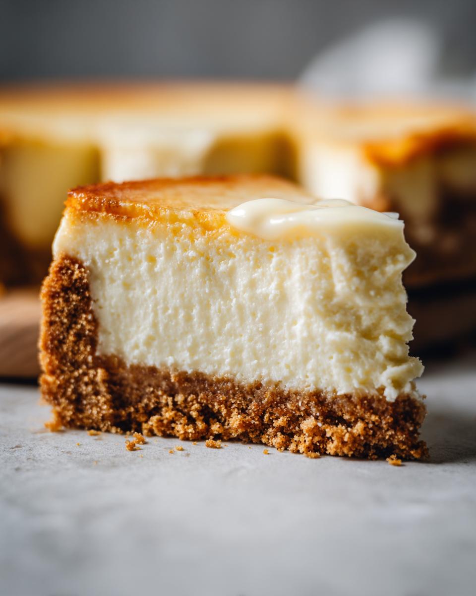A slice of creamy cheesecake with a graham cracker crust, topped with a dollop of cream, perfect for Make-Ahead Thanksgiving Desserts.