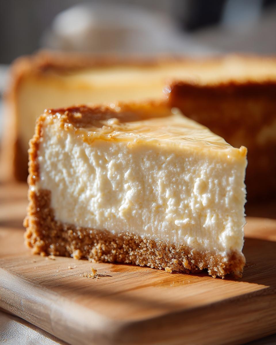 A slice of creamy cheesecake with a graham cracker crust, perfect for Make-Ahead Thanksgiving Desserts.