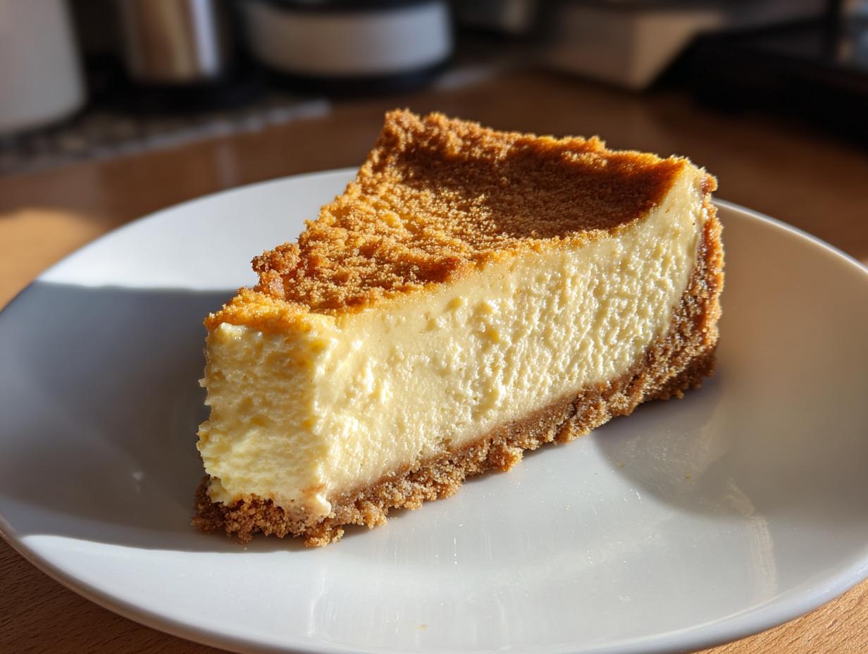 A slice of creamy cheesecake with a graham cracker crust, perfect for Make-Ahead Thanksgiving Desserts.