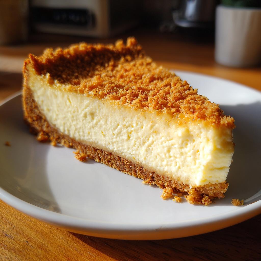 A slice of creamy cheesecake with a graham cracker crust and crumb topping, perfect for make-ahead Thanksgiving desserts.