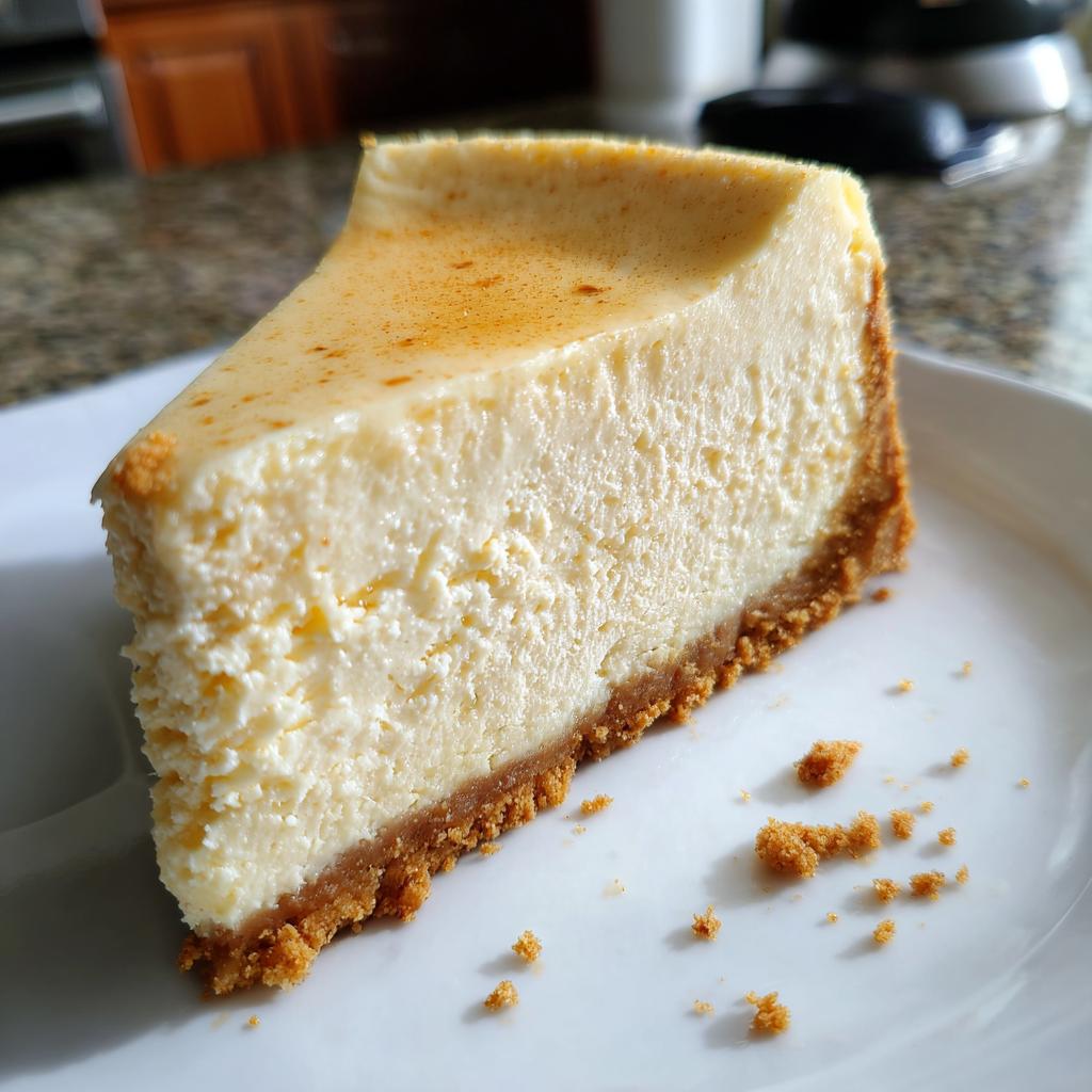 A perfect slice of creamy cheesecake with a graham cracker crust, dusted with cinnamon, perfect for make-ahead Thanksgiving desserts.