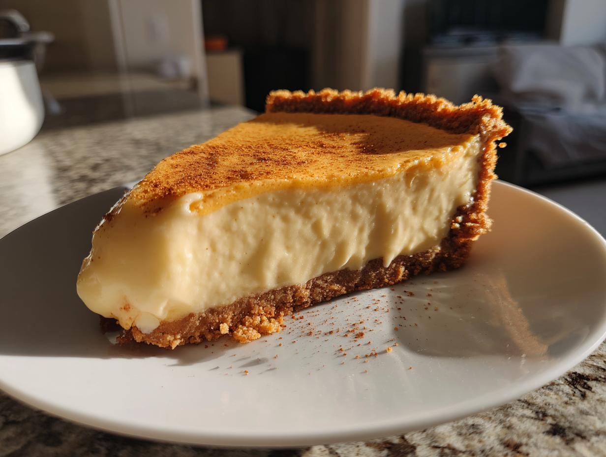 A slice of creamy pie with a graham cracker crust, dusted with cinnamon, perfect for make-ahead Thanksgiving desserts.