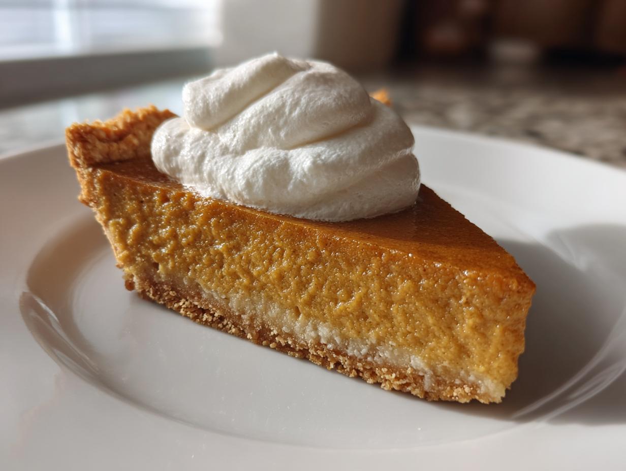 A slice of pumpkin pie topped with whipped cream, perfect for make-ahead Thanksgiving desserts.