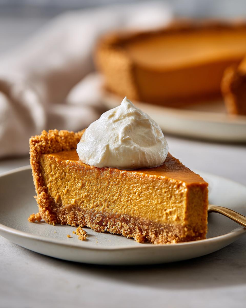 A slice of pumpkin pie bar with a graham cracker crust, topped with whipped cream, as a make-ahead Thanksgiving dessert.