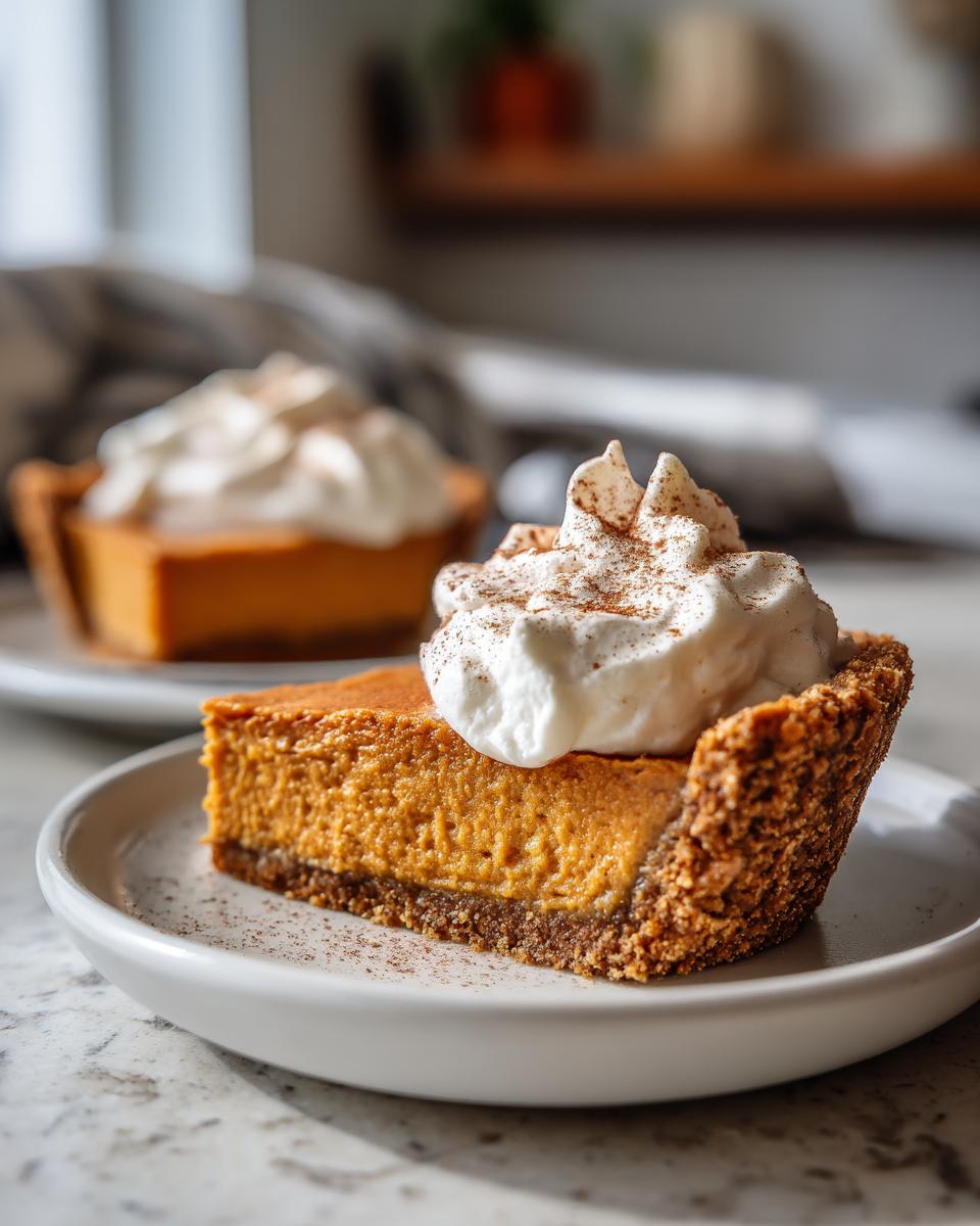 A slice of make-ahead pumpkin pie topped with whipped cream and a sprinkle of cinnamon.