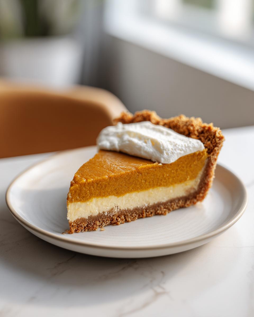A slice of make-ahead Thanksgiving pumpkin pie with a creamy filling and whipped cream topping on a white plate.